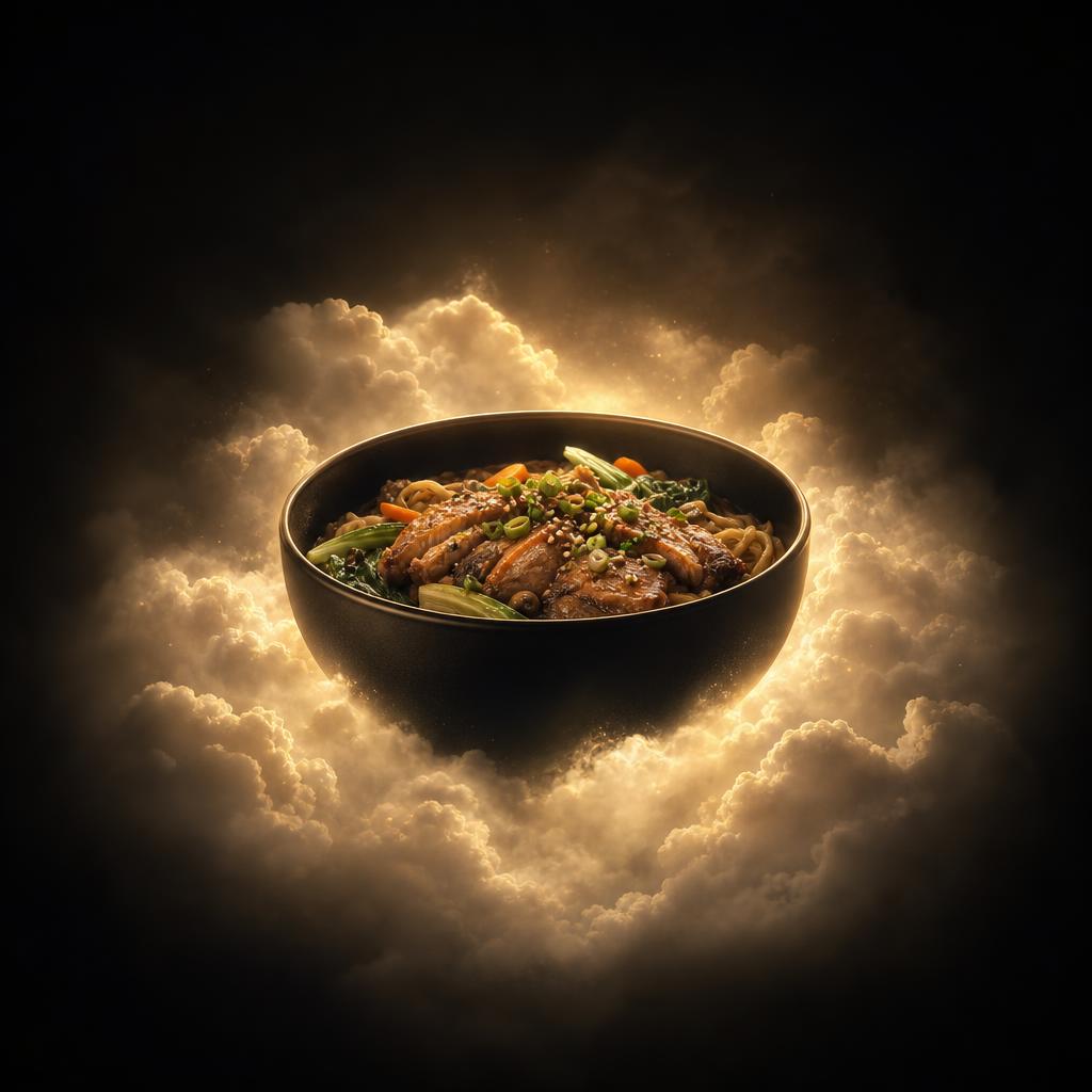 A meal bowl resting naturally in gold-lit clouds